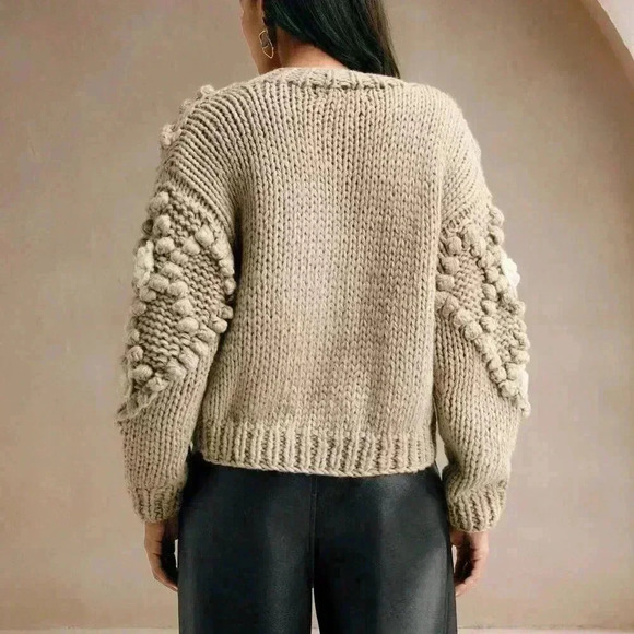 Khaki Casual Women's Crew Neck Long Sleeve Thick Knitted Loose Sweater Jacket - Picture 4 of 7